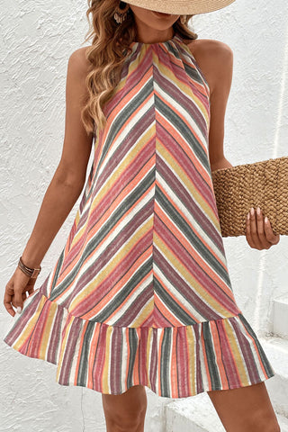 Corlorful Stripe Ruffle Hem Mini Dress