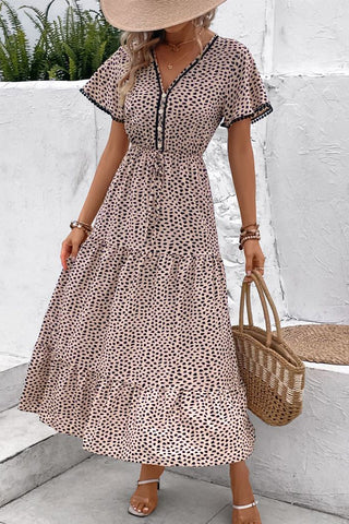 Leopard Print V Neck Short Sleeve Maxi Dress