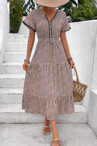 Leopard Print V Neck Short Sleeve Maxi Dress