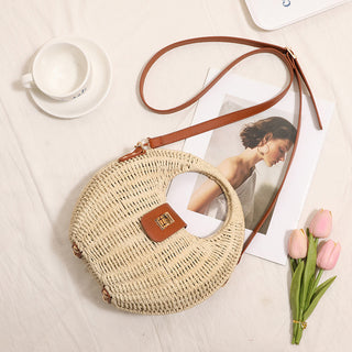 Color Block Gold Clasp Hollow Handle Weave Bag