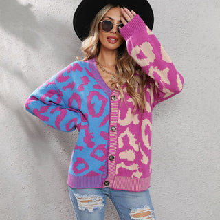 Leopard Patchwork Color Block Button Cardigan