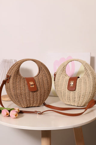 Color Block Gold Clasp Hollow Handle Weave Bag
