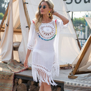 Color Block Crochet Patchwork Tassel Swimsuit Cover Up