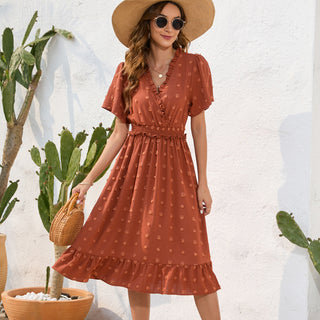 Solid Color V Neck Frill Smocked Waist Dress