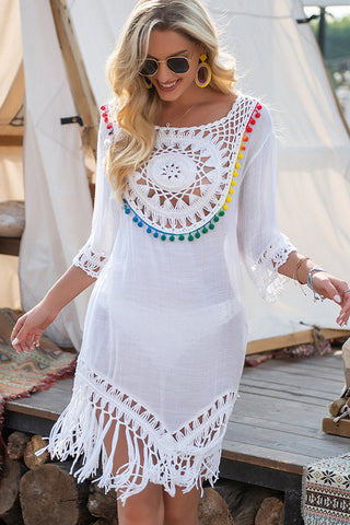 Color Block Crochet Patchwork Tassel Swimsuit Cover Up
