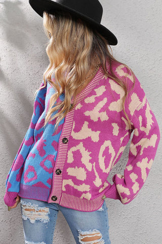 Leopard Patchwork Color Block Button Cardigan