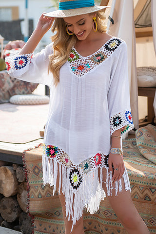 Ethnic Style V Neck Hollow Tassel Swimsuit Cover Up