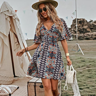 Ethnic Print V Neck Batwing Sleeves Dress