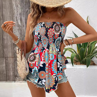 Smocked Bandeau Printed Irregular Hem Top