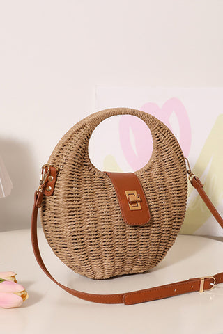 Color Block Gold Clasp Hollow Handle Weave Bag
