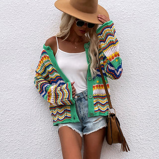 Color Block Hollow Knitted Open Front Cardigan