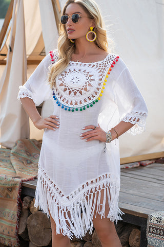 Color Block Crochet Patchwork Tassel Swimsuit Cover Up