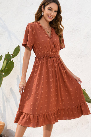 Solid Color V Neck Frill Smocked Waist Dress