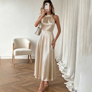 Minimalist Luxury Satin Halter Beaded Neckline Dress