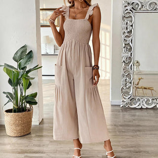 Solid Color Smocked Ruffle Straps Jumpsuit