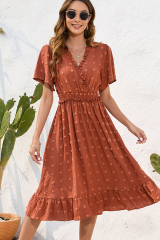 Solid Color V Neck Frill Smocked Waist Dress