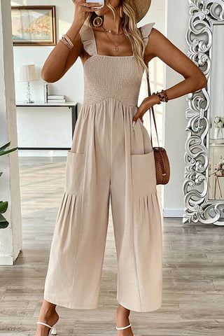Solid Color Smocked Ruffle Straps Jumpsuit