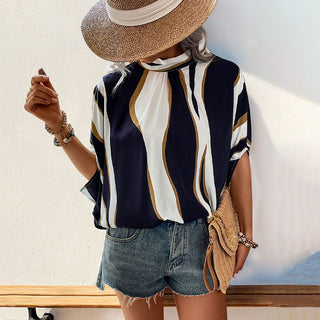 Color Block Irregular Batwing Sleeves Halter Neck Top