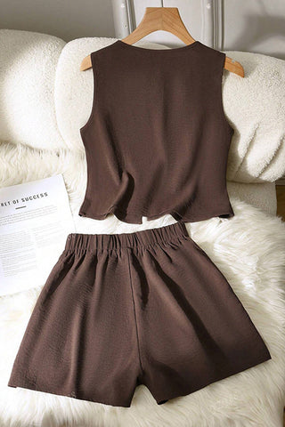 V Neck Solid Tie Front Cutout Two Piece Set