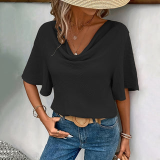 Solid Cowl Neck Flared Sleeve Casual Top