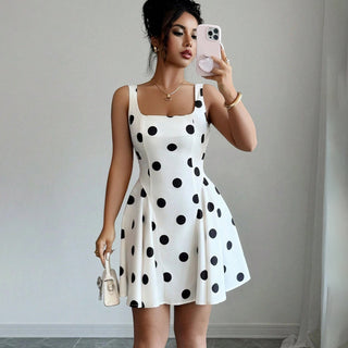 Dots Print Square Neck Cinched Waist Dress