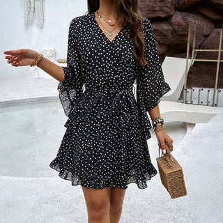 Polka Dot Print V Neck Chiffon Dress