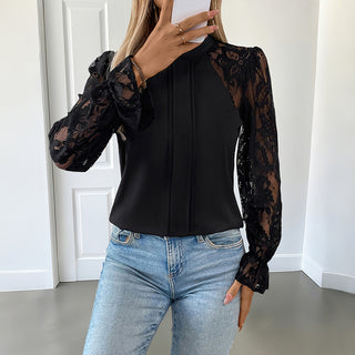 Lace Patchwork Solid Long Sleeve Tops
