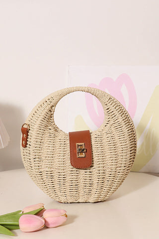 Color Block Gold Clasp Hollow Handle Weave Bag