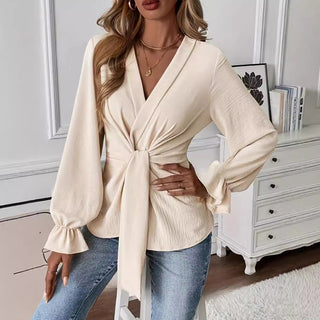 V Neck Knot Front Solid Long Sleeve Top