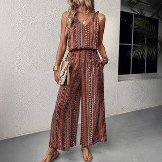 Ethnic Style Printed V Neck Casual Jumpsuit