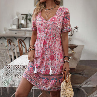 Bohemian Style Printed V Neck Tassel Mini Dress