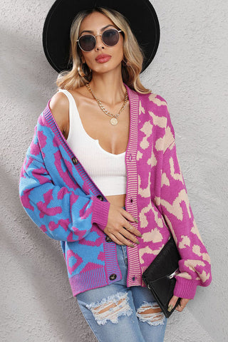 Leopard Patchwork Color Block Button Cardigan
