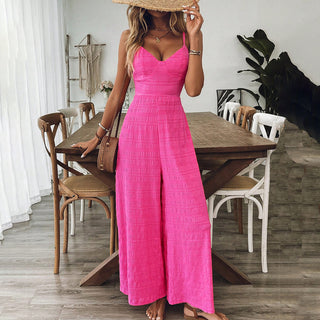 Solid Color V Neck Tie Back Casual Jumpsuit