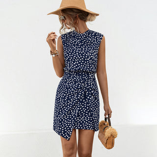 Polka Dot Print Cowl Neck Sleeveless Mini Dress