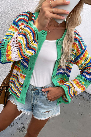 Color Block Hollow Knitted Open Front Cardigan