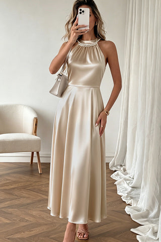 Minimalist Luxury Satin Halter Beaded Neckline Dress