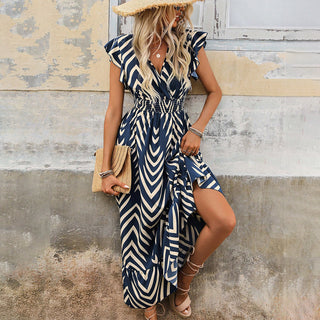 V Neck Smocked Waist Ruffle Sleeve Dress