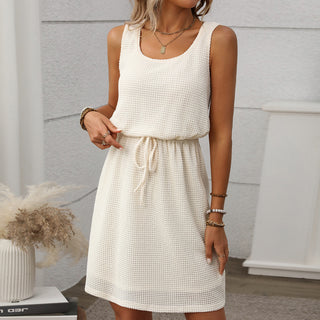 Solid Color U Neck Drawstring Waist Dress