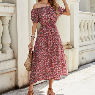 Resort Style Floral Print Off The Shoulder Dress
