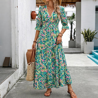Fashion Ethnic Style V Neck Printed Dress
