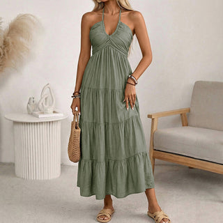 Solid Color Smocked Back Halter Neck Dress