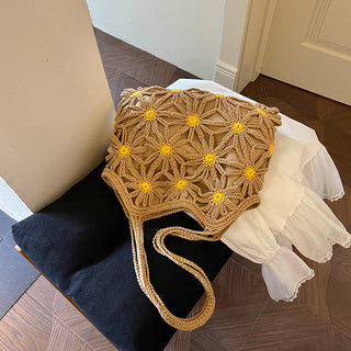 Color Block Flower Design Hollow Weave Bag