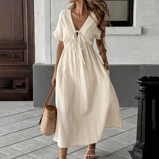 Deep V Neck Tie Front Solid Color Dress