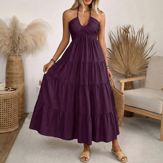 V Neck Smocked Back Halter Neck Maxi Dress