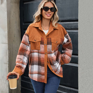 Plaid Lapel Long Sleeve Corduroy Tweed Coat