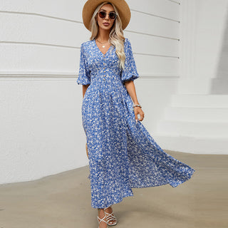 V Neck Floral Print Slit Design Maxi Dress