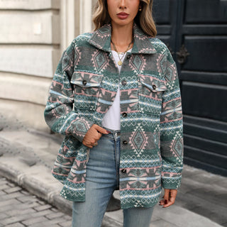 Fashion Printed Lapel Pocket Tweed Coat