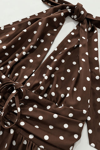 Deep V Neck Polka Dot Print Halter Neck Dress