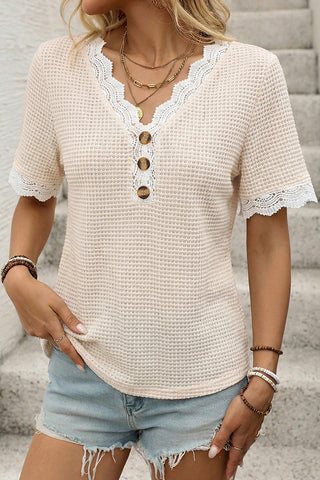 Lace Patchwork V Neck Casual Tops