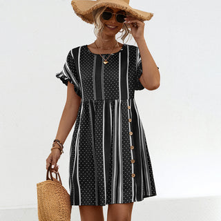 Dots And Stripe Print Round Neck Casual Dress